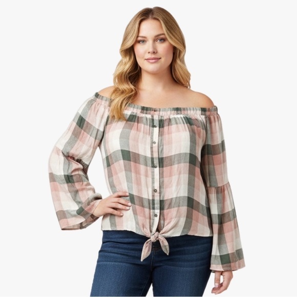 American Rag Tops - ➕ NWT American Rag Plaid Off The Shoulder Tie Front Top Women’s Size XXL